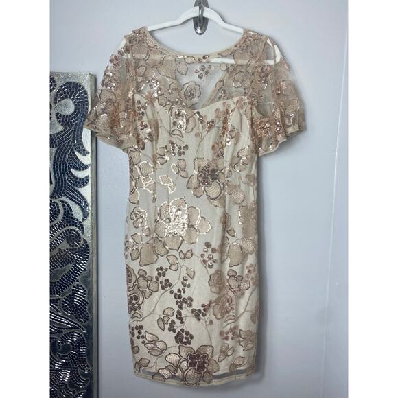 NWT ADRIANNA PAPELL DRESS 10 SEQUIN FLORAL SHEER GOLD FLUTTER SHORT SLEEVE TAN - Picture 1 of 12